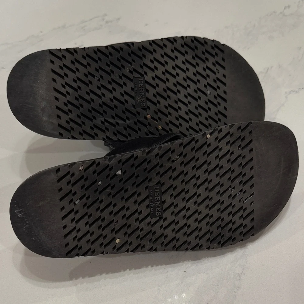 Hermès Black Double-strap Leather Slide Sandals - Picture 5 of 7